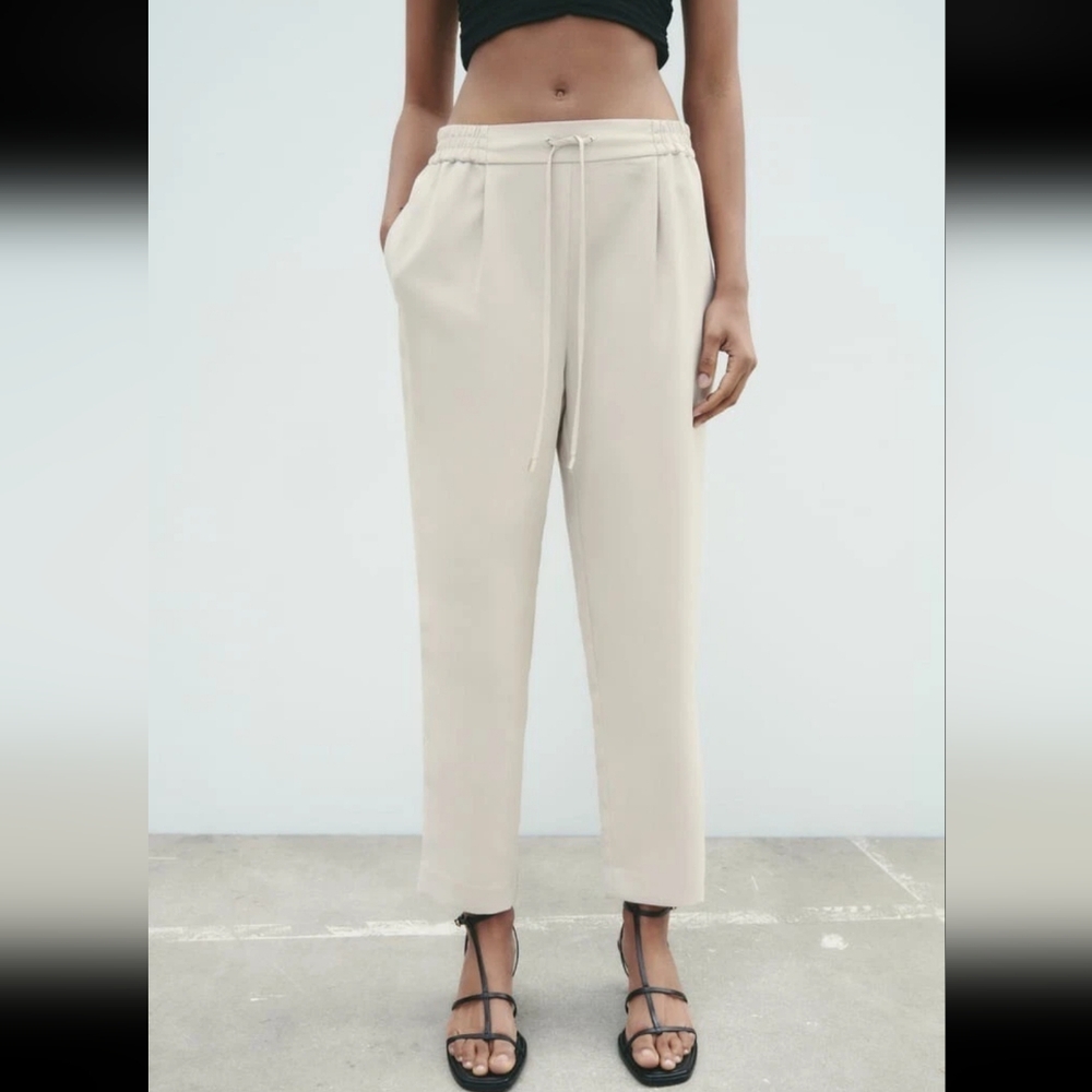 Zara High Waisted Beige Drawstring Pajama Style Ankle Pants XS - Picture 5 of 15